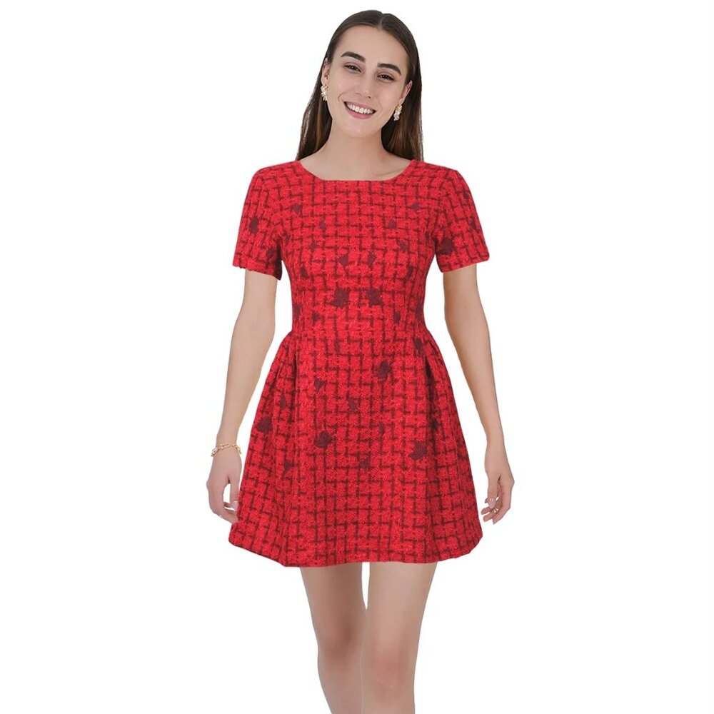 Fanm Mon Boucle Tweed Samantha Dress in‎ Cherry Red Embroidered Medium